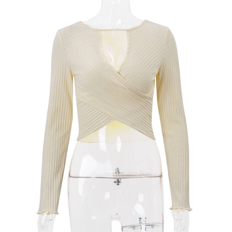 V-NECK LOW CUT THREAD FIT MIDRIFF LONG SLEEVE TOP