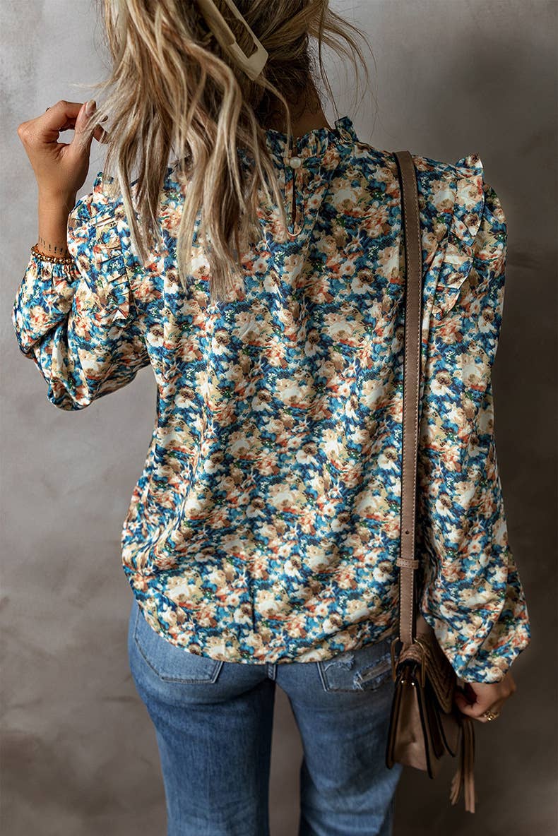 TEMPERAMENT FLORAL PRINTED RUFFLED CHIFFON SHIRT