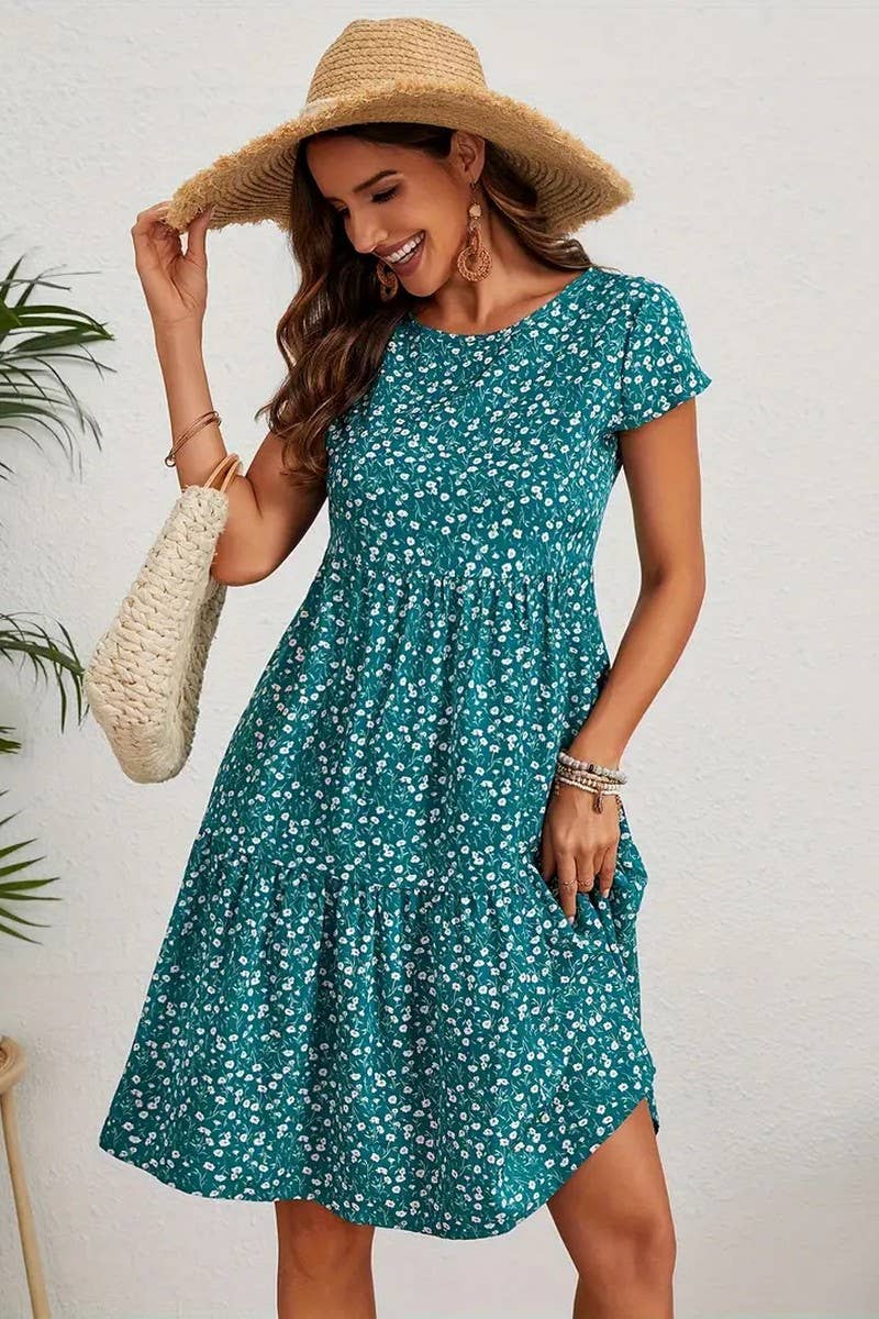 CWDMD5595_SPRING AND SUMMER PRINTED ROUND NECK DRESS