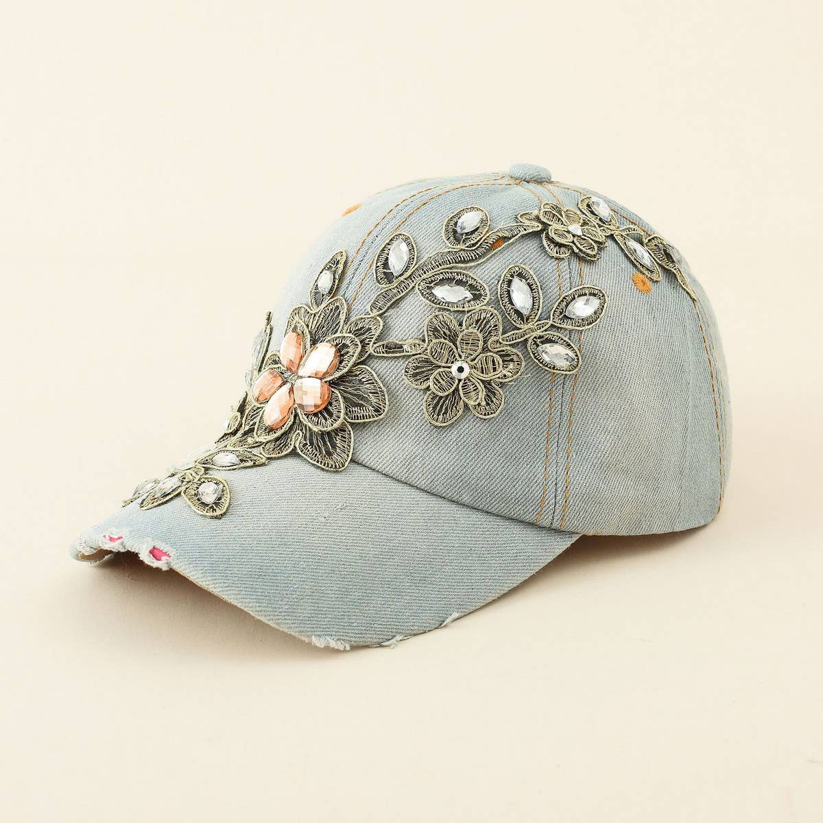 Diamond-Embellished Distressed Denim Baseball Cap CWAH1390