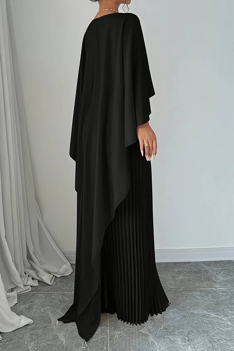 CWDMD6381_LOOSE BAT SLEEVE PLEATED IRREGULAR ELEGANT DRESS
