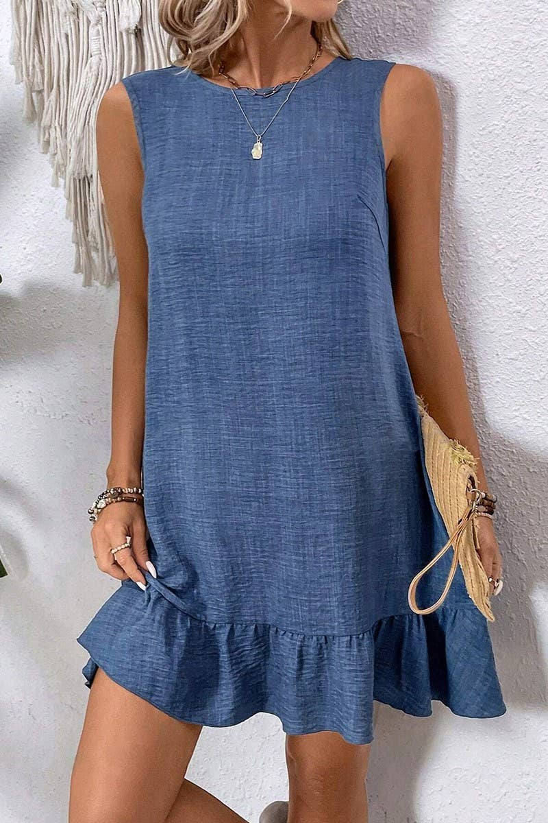 CWDSD7395_SOLID COLOR RUFFLE SLEEVELESS CASUAL TANK DRESS