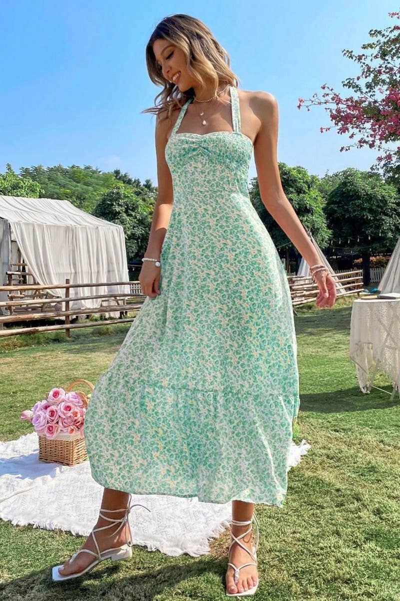 CWDHL0981_FLORAL PRINT TIE SLEEVELESS A-LINE DRESS