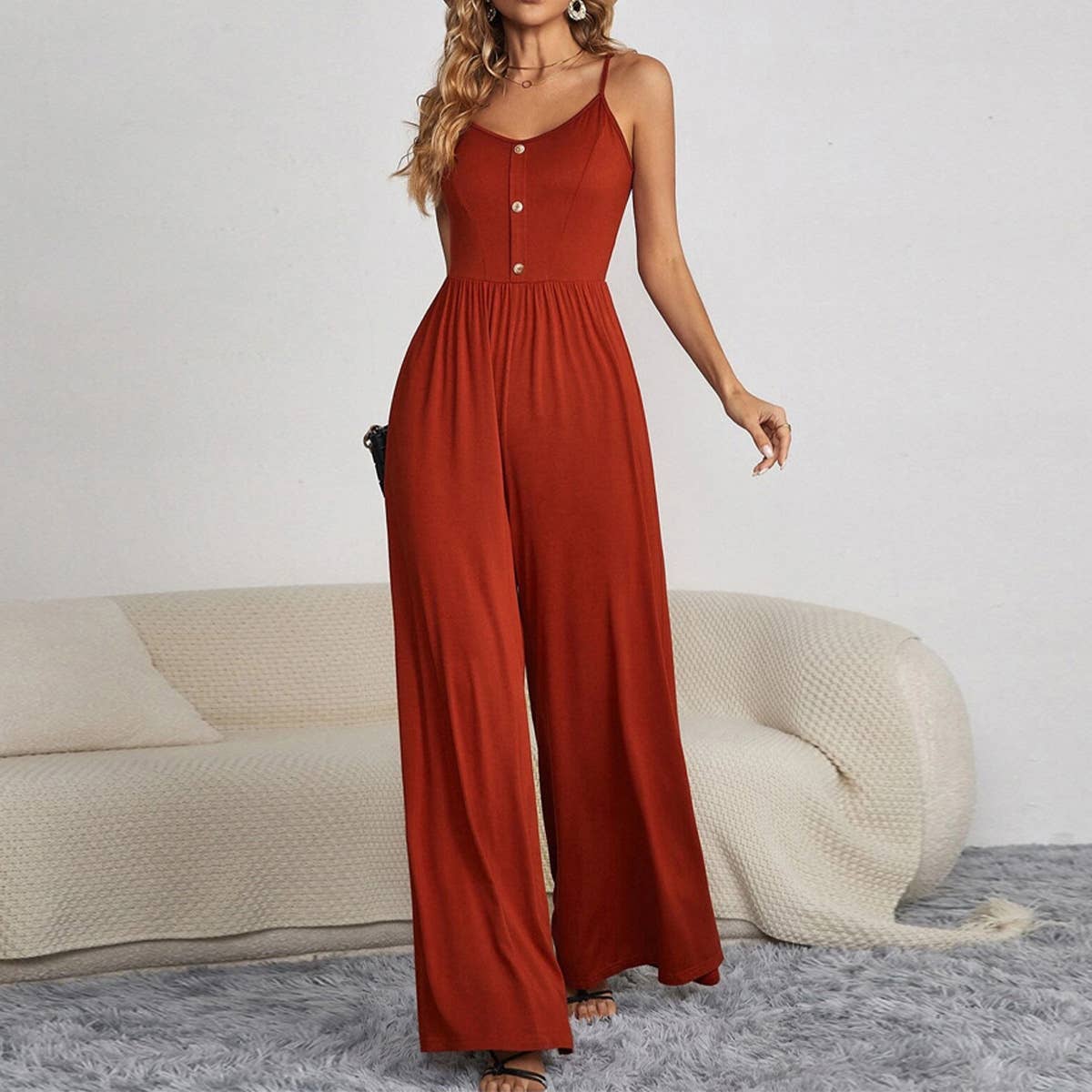 Solid color casual pullover sleeveless jumpsuit
