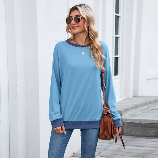 Round-neck loose color-blocked ribbed sweatshirt