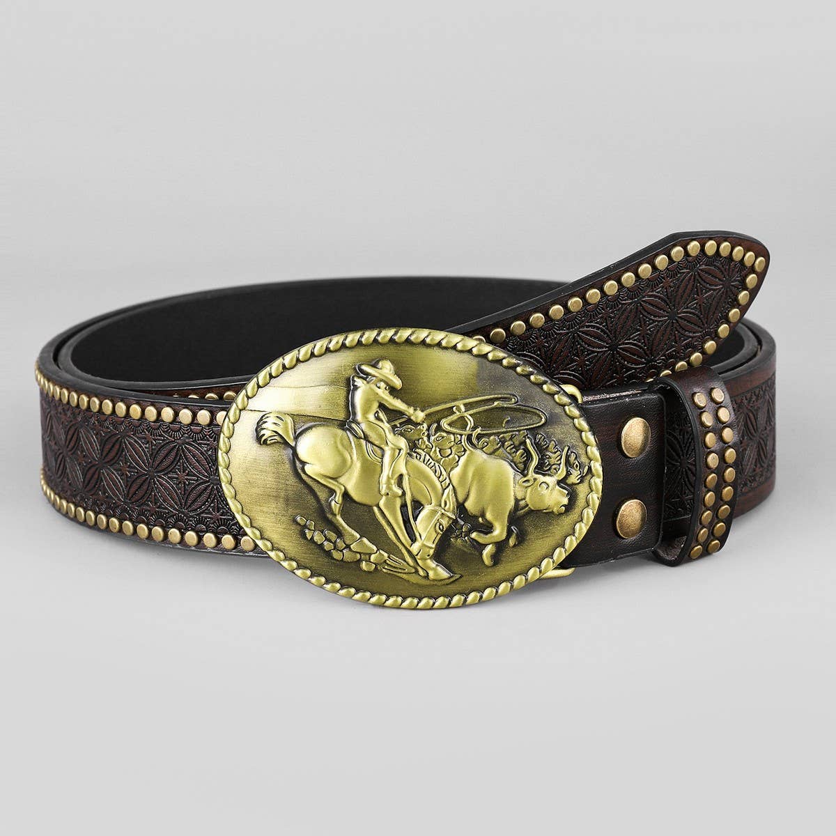 WESTERN LEATHER BELT WITH BULL HEAD BUCKLE RIVET _CWABE0415
