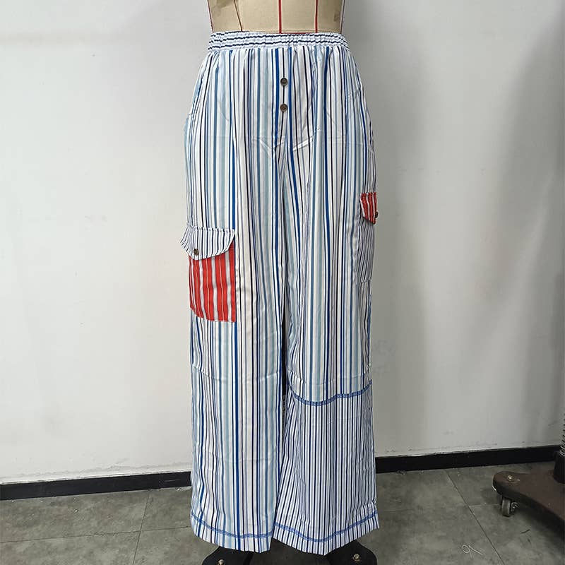 Plaid patchwork striped elastic-waist pants