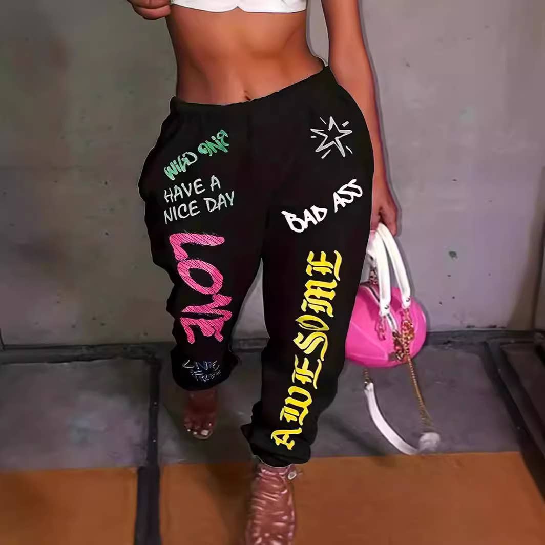 PRINTED ELASTICATED WAIST SPORTS HAREM PANTS