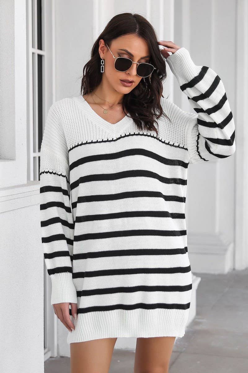 CWDSD7332_STRIPED V-NECK DROP SHOULDER LOOSE DRESS