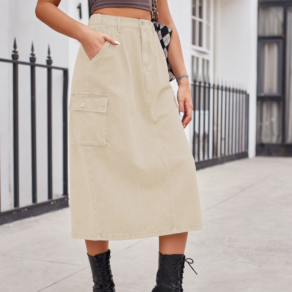 Women??¢s Washed Denim Cargo Midi Skirt Slim Fit_CWJSK0198