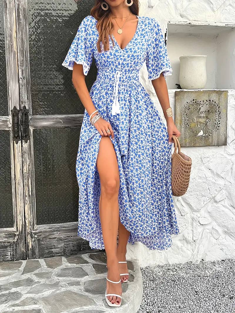V-neck high-waisted elegant printed dress
