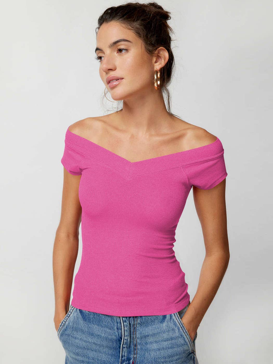 Solid-color V-neck knitted form-fitting T-shirt