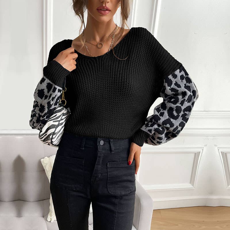 V-neck loose leopard print patchwork sweater