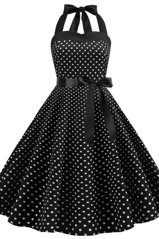 CWDHL01133_POLKA DOT OFF-THE-SHOULDER HALTERNECK DRESS