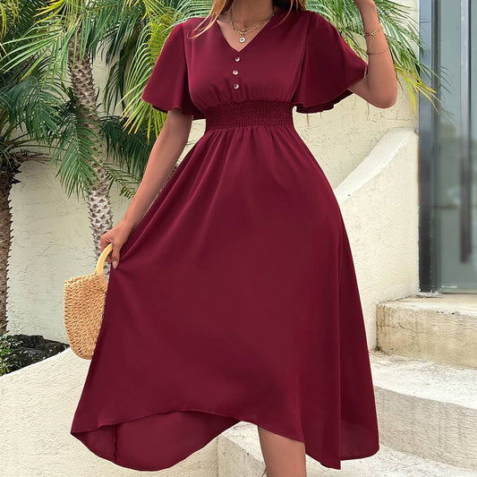 WAISTLINE TEMPERAMENT V-NECK DRESS