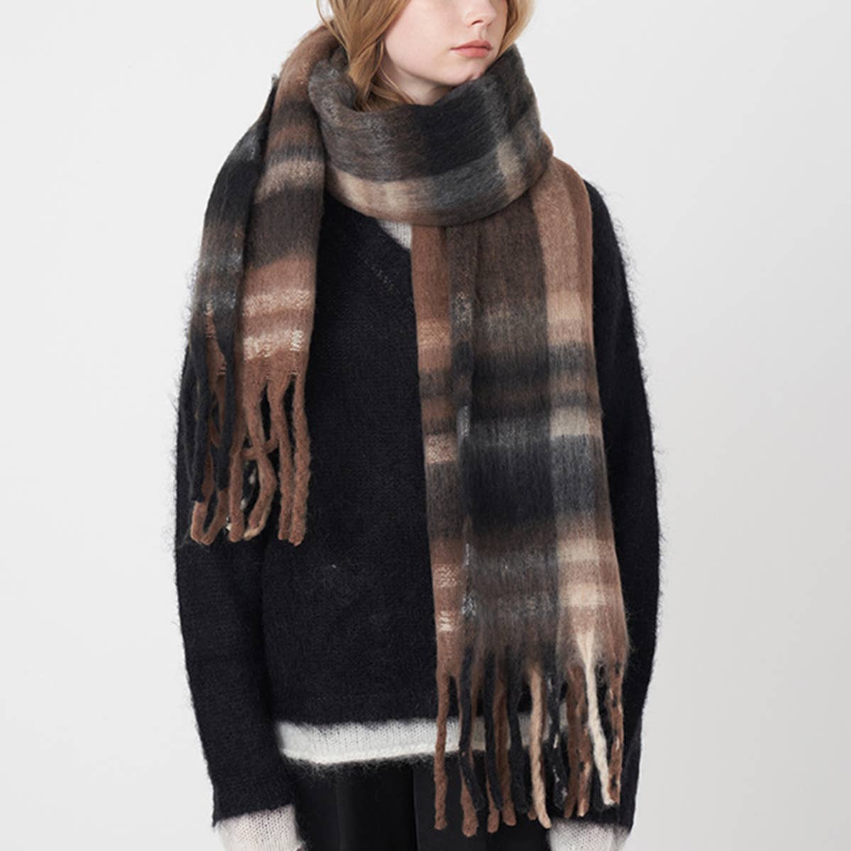 French Retro Plaid Scarf - Winter Tassel Wrap