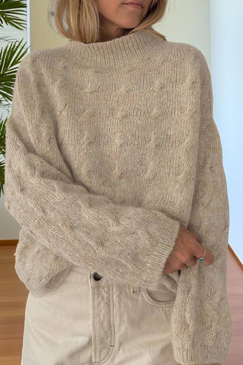 CWOSWL07454_HIGH NECK CASUAL LOOSE CABLE KNIT SWEATER