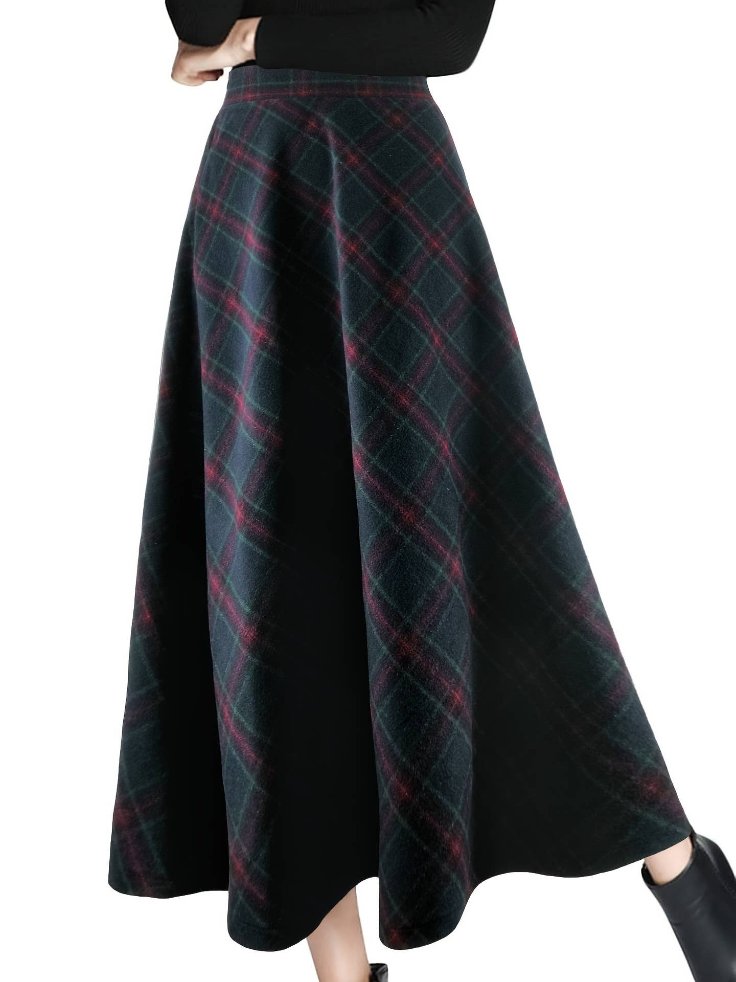 PLAID WOOL THICKENED VINTAGE LONG A-LINE SKIRT