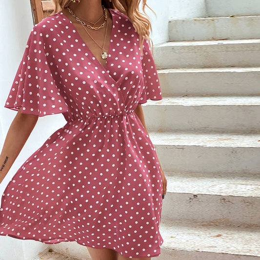 TEMPERAMENT V-NECK PRINT POLKA DOT DRESS
