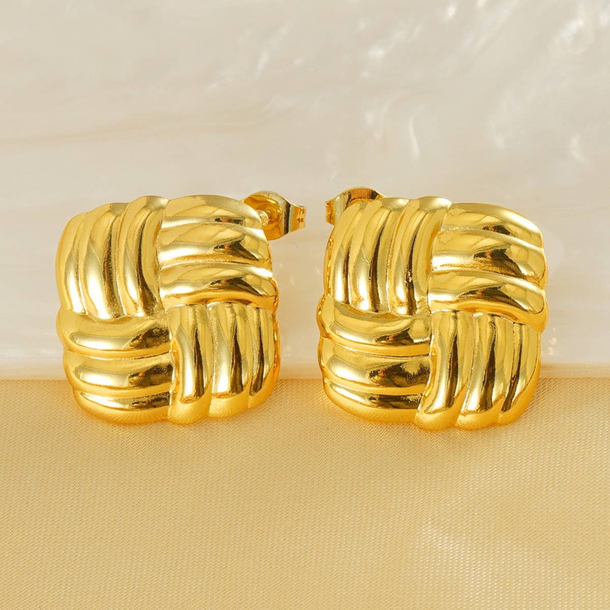 CWAJE1938_Stainless Steel Square Grain Stud Earrings,Gold