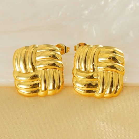 CWAJE1938_Stainless Steel Square Grain Stud Earrings,Gold