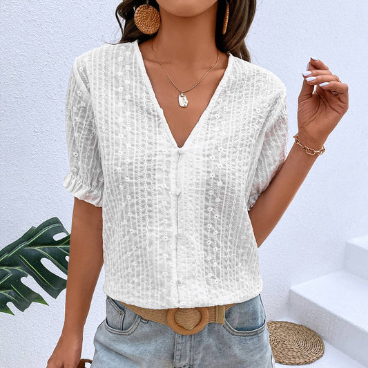 V-neck semi-transparent single-breasted T-shirt