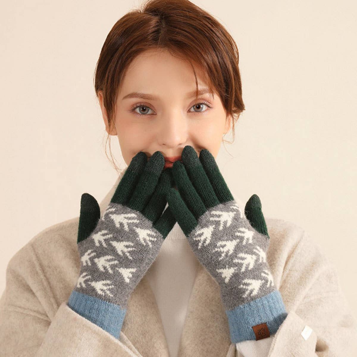 CONTRAST COLOR WOOL KNITTED JACQUARD WARM GLOVES