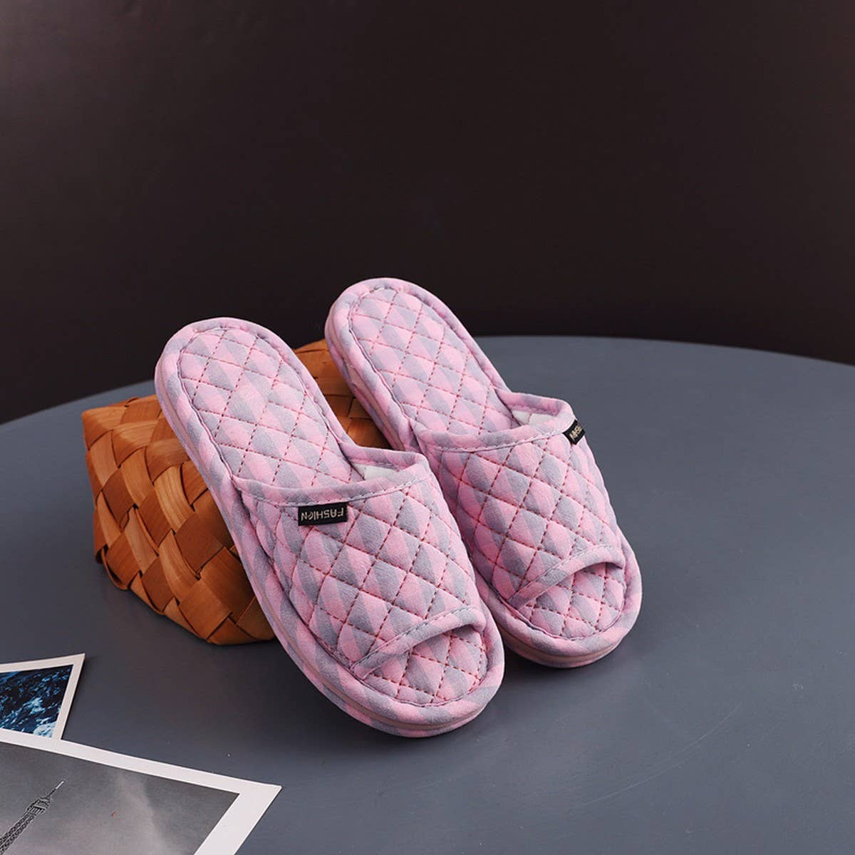 Plaid Cotton Floor Slippers with Thick Fabric Sole_CWSHF0191