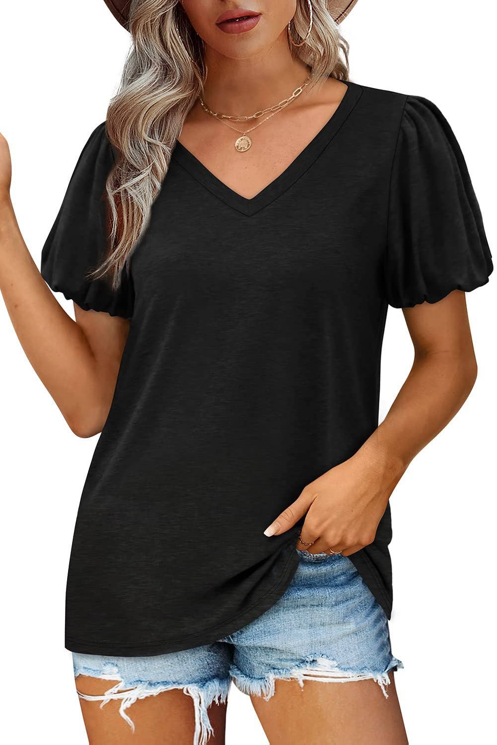 V-NECK LANTERN SLEEVE SOLID SHORT-SLEEVED TOP