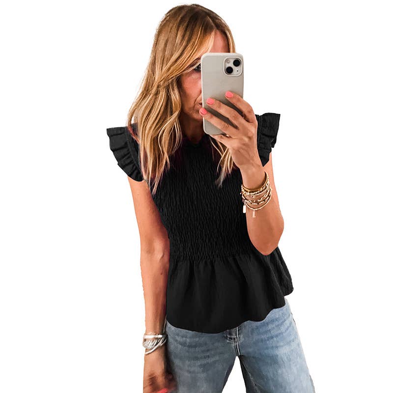 Solid color round neck sleeve sleeve T-shirt