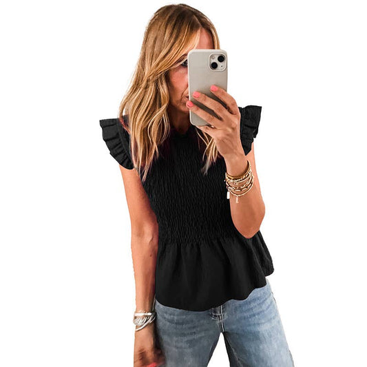 Solid color round neck sleeve sleeve T-shirt
