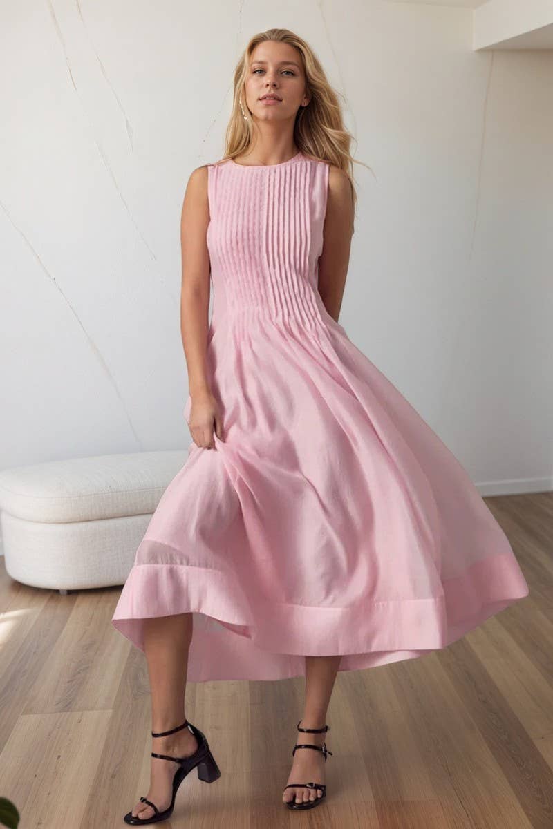 CWDMD6404_PINK RUCHED SLEEVELESS TANK MIDI DRESS