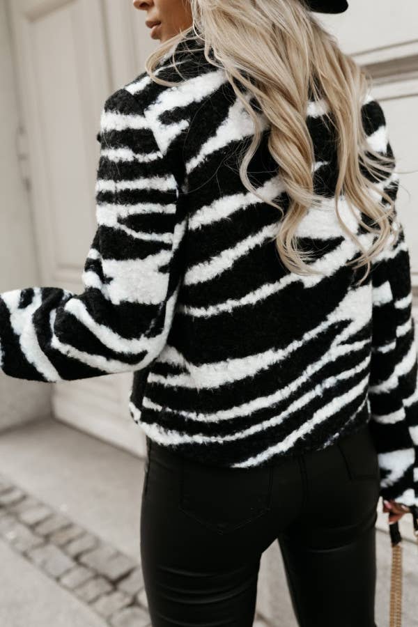 ZEBRA-PRINT BLAZER HAIRY-CROPPED ZIPPER COLLAR