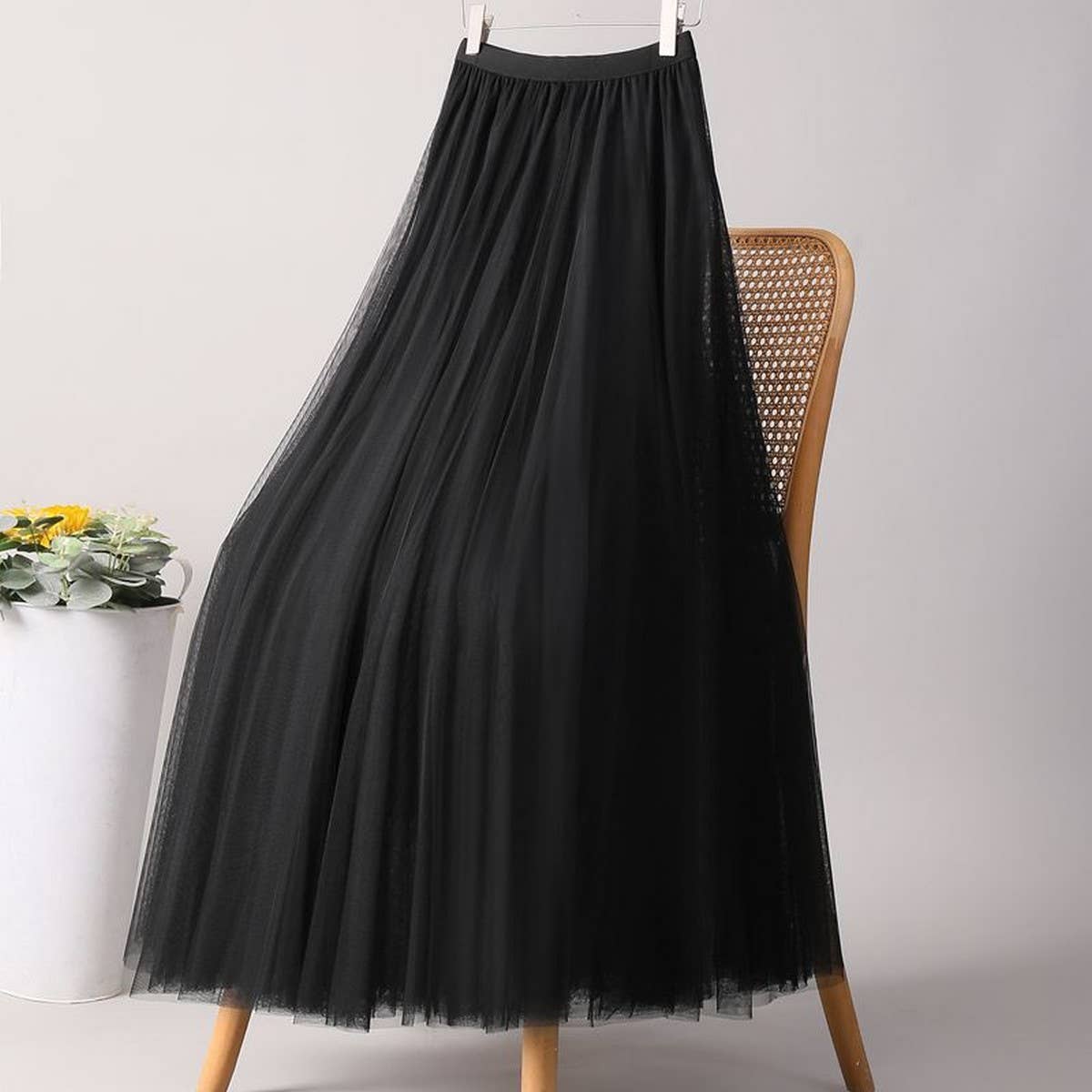 SOLID COLOR ELASTIC-WAIST MESH TULLE A-LINE SKIRT_CWBLS0372