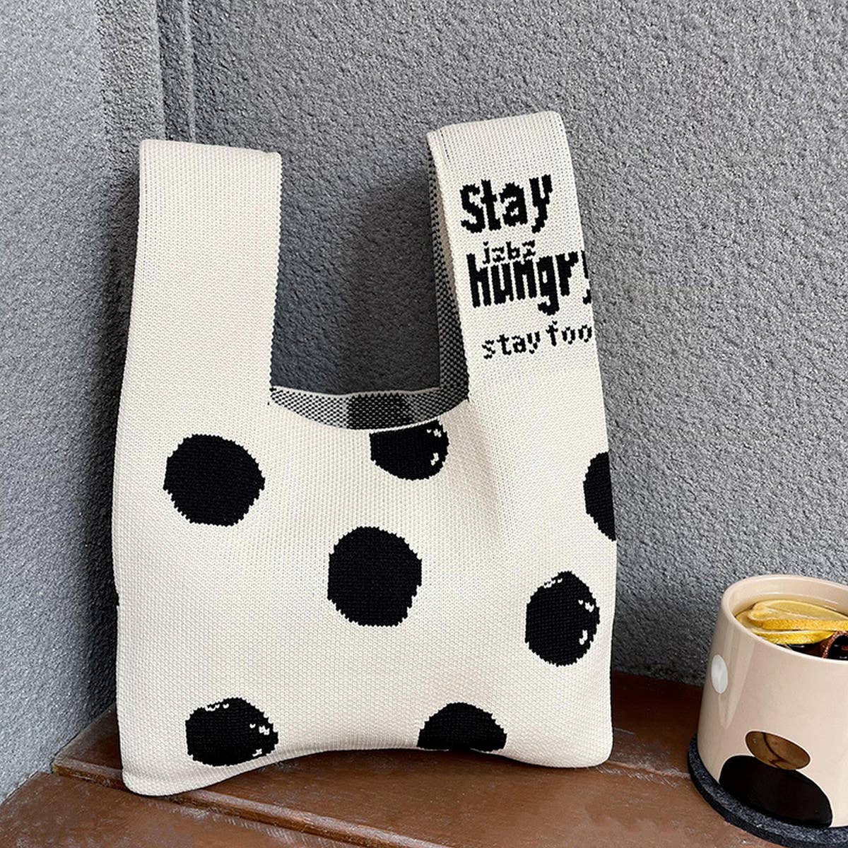 BLACK AND WHITE POLKA DOT KNITTED BAG_CWAB3227