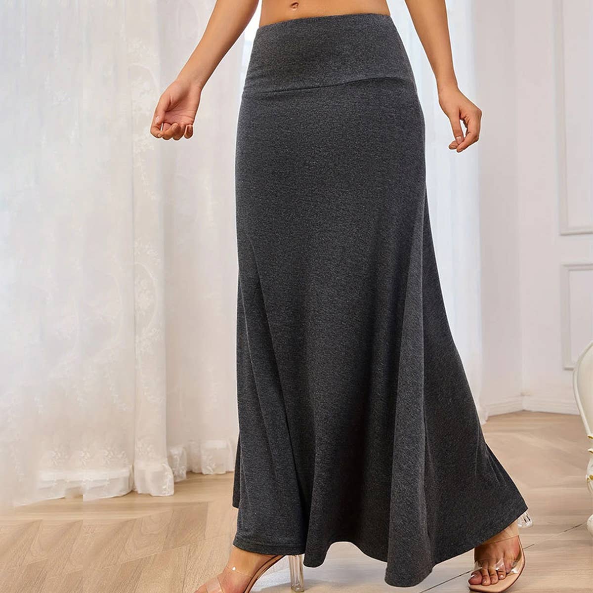 Solid color high waist base long textured skirt