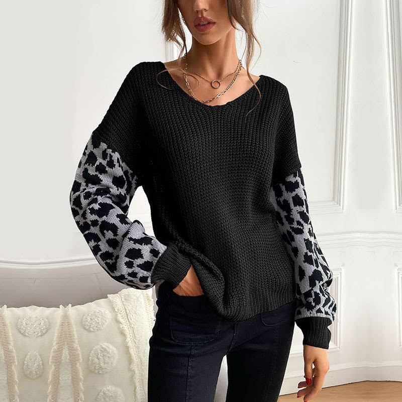 V-NECK KNIT LEOPARD PRINT PATCHWORK SWEATER