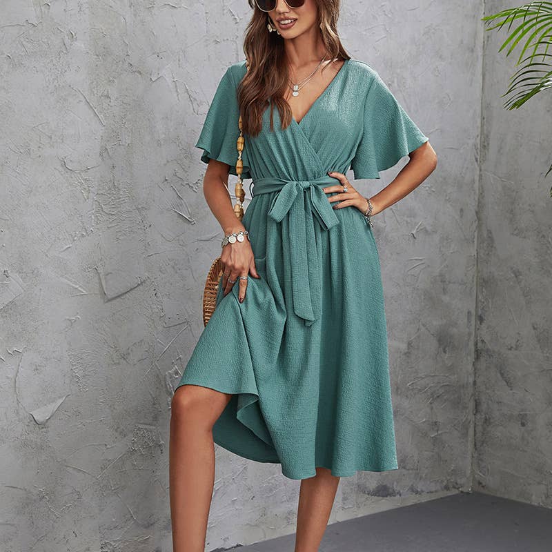 Solid color V-neck high-waisted mid-length dress
