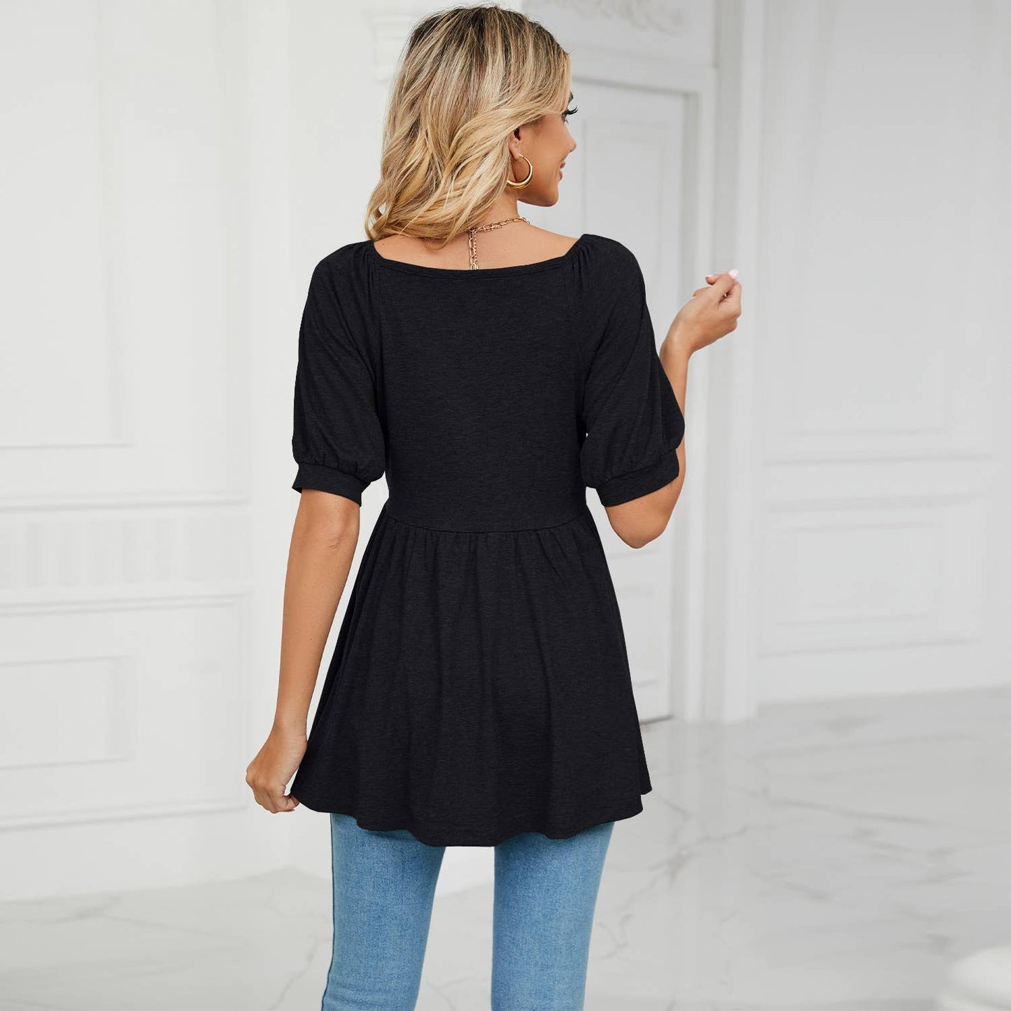 V-NECK BUBBLE SHORT SLEEVE T-SHIRT TUNIC