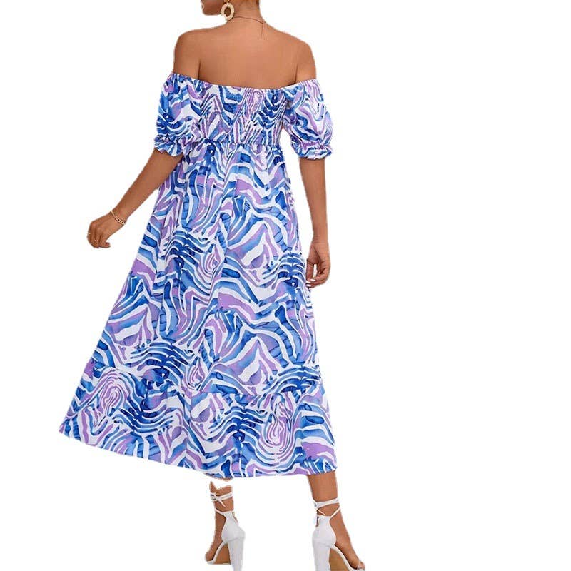 Print dress with line neck top and high waist