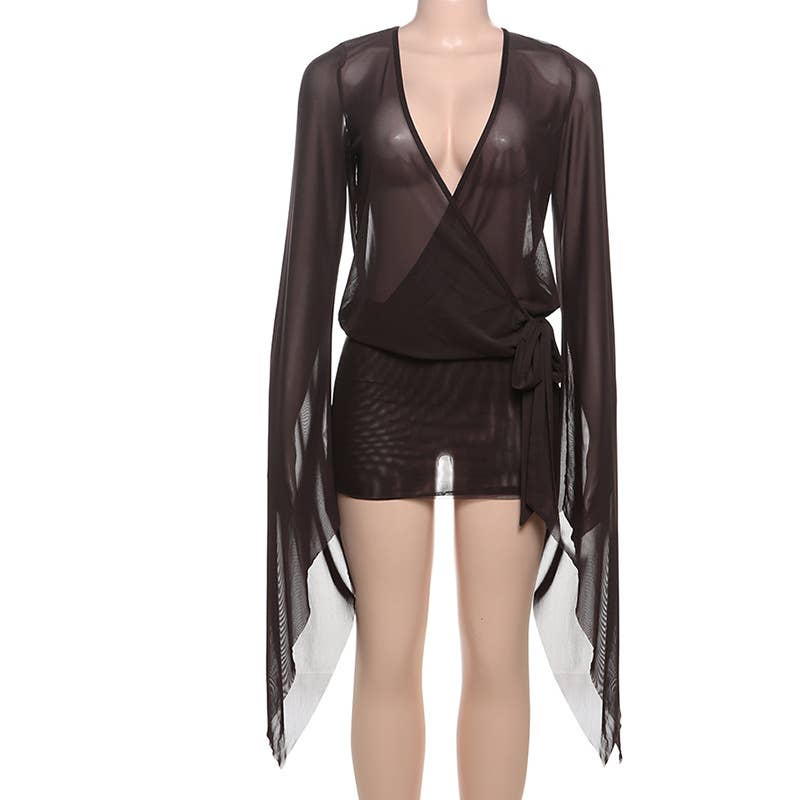 Sexy V-Neck Sheer Backless Strap Bodycon Skirt