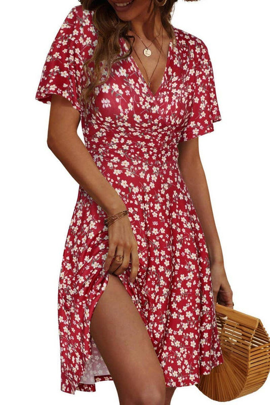 CWDSD10623_SUMMER FLORAL SHORT SLEEVE V-NECK A-LINE DRESS