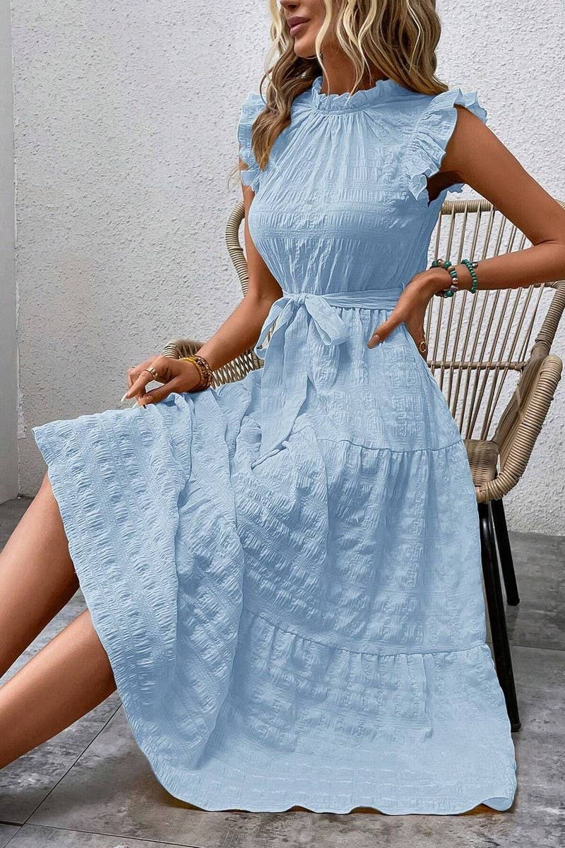 CWDMD4952_SUMMER RUFFLED FLYING SLEEVES TEXTURED DRESS
