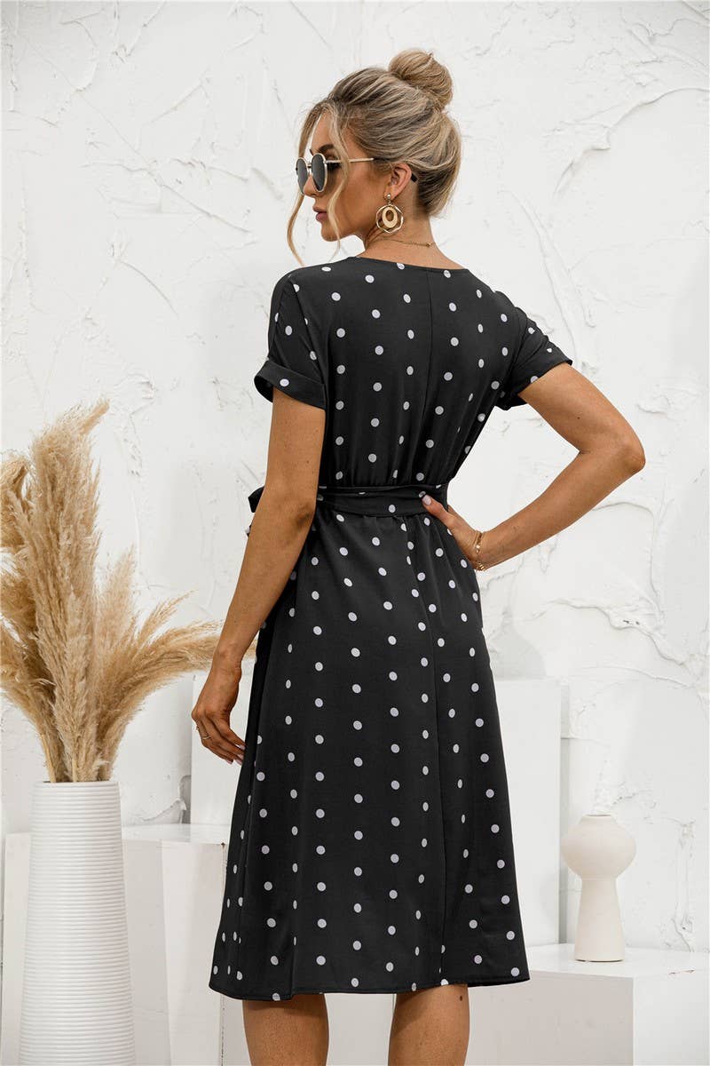 POLKA DOT BREASTED LACE UP DRESS_CWDSD2477