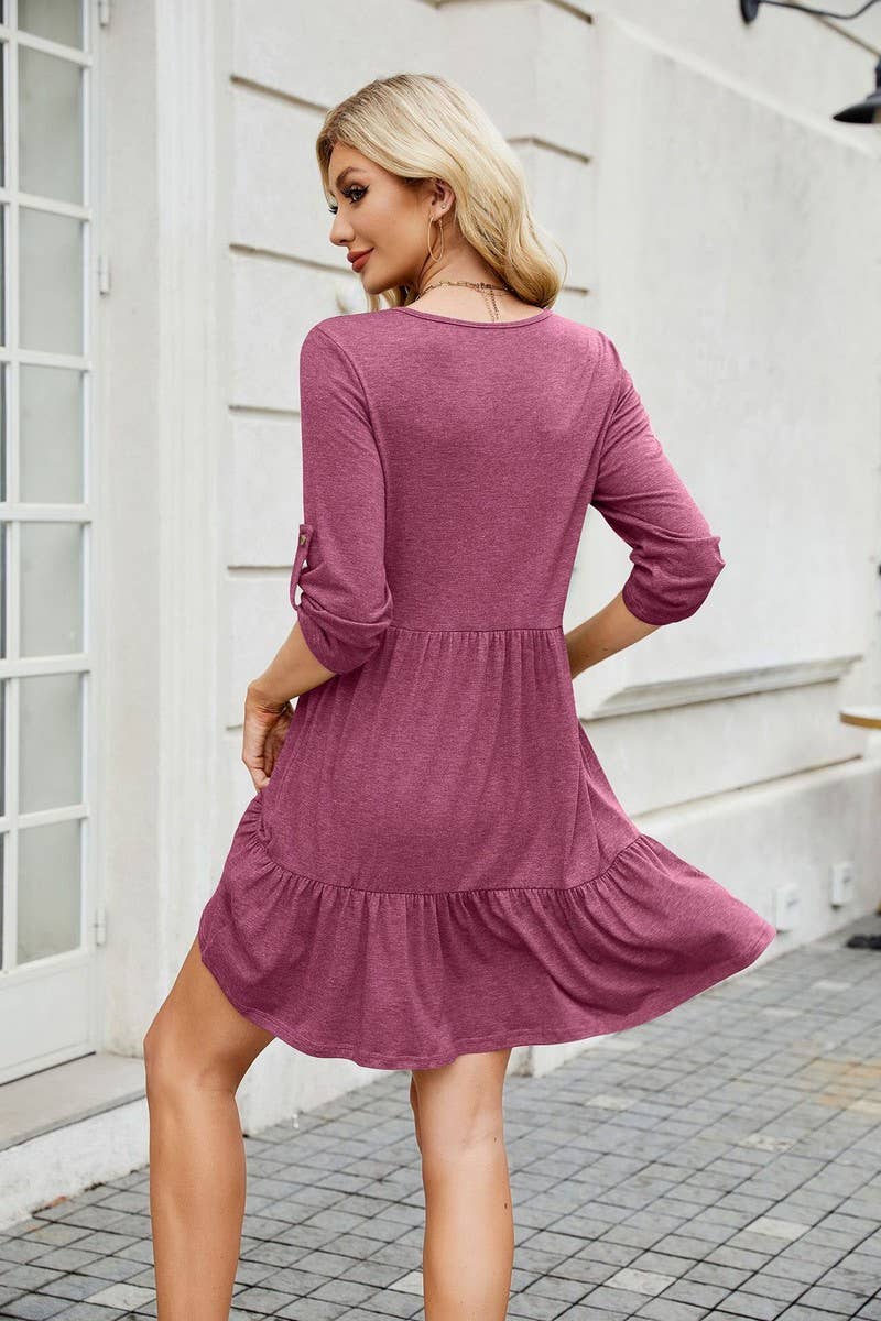 CWDSD7286_MID-LENGTH SLEEVE V-NECK PLEATED RUFFLE DRESS