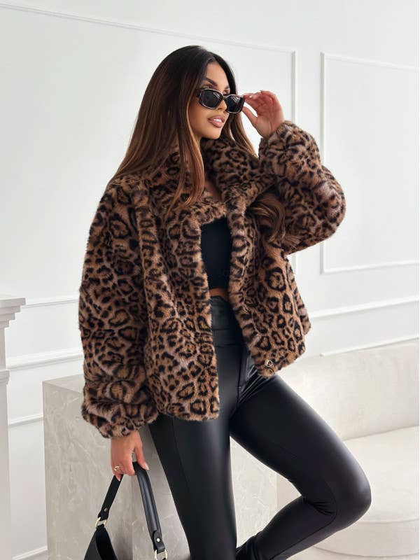 Fashion leopard print long-sleeved furry coat