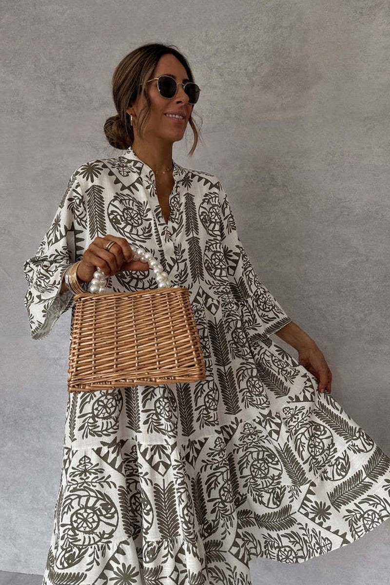 CWDMD5844_CASUAL PRINTED THREE-QUARTER SLEEVE SHIRT DRESS