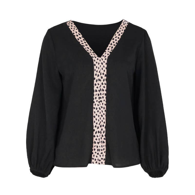 V-NECK LONG-SLEEVED VINTAGE LEOPARD PRINT SHIRT