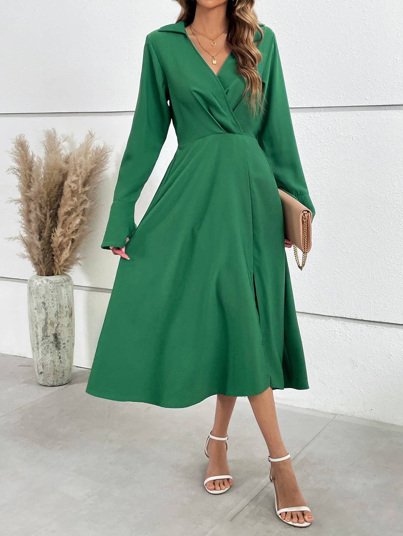 NARROW WAIST V-NECK SLIM TEMPERAMENT SPLIT DRESS