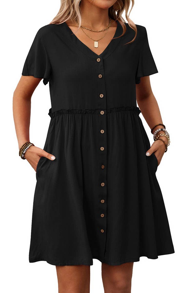 CWDSD7262_BOHEMIAN V-NECK SHORT-SLEEVED RUFFLE DRESS